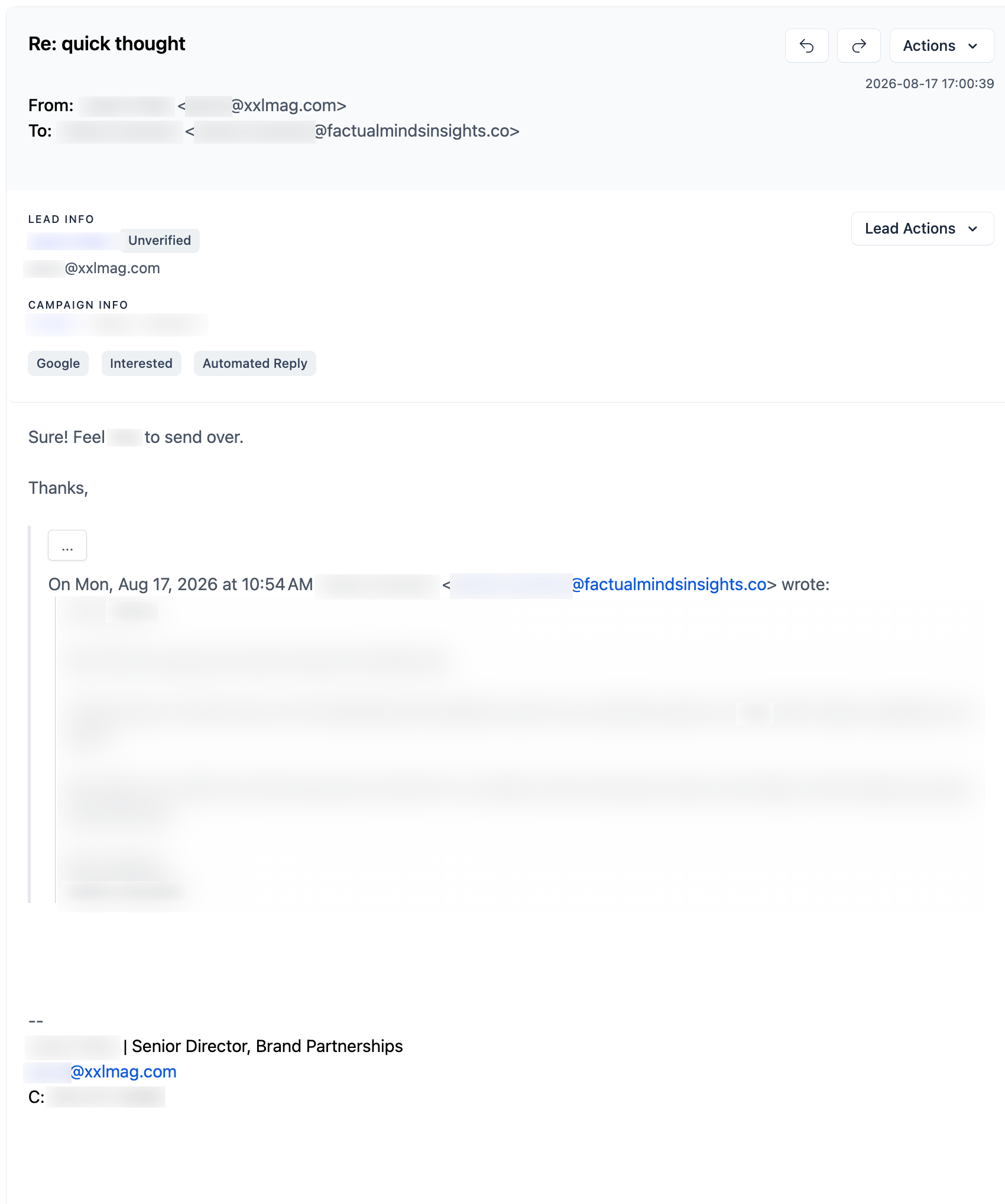 XXL Magazine email reply, with personal details redacted